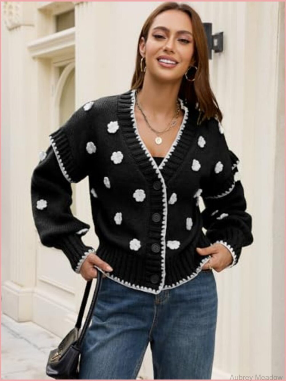 Chunky Knit Drop Shoulder V Neck Button Down Embroidered Flower Cardigan Tops - Picture 3 of 7